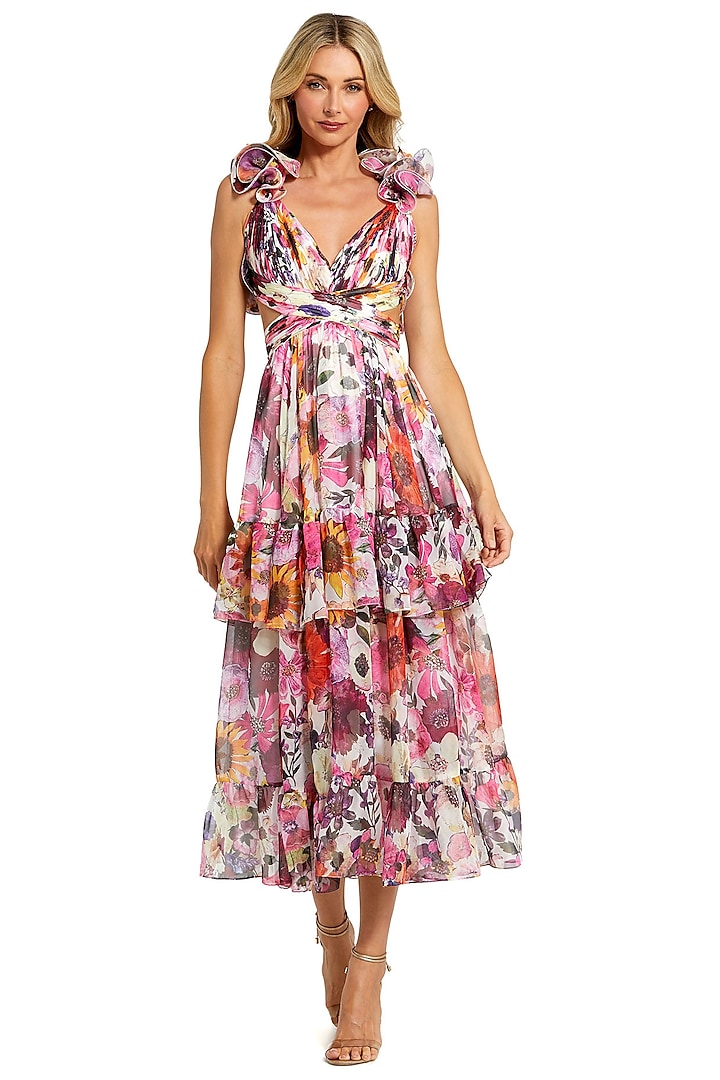 White Chiffon Floral Printed Cut-Out Cocktail Dress by Mac Duggal at Pernia's Pop Up Shop