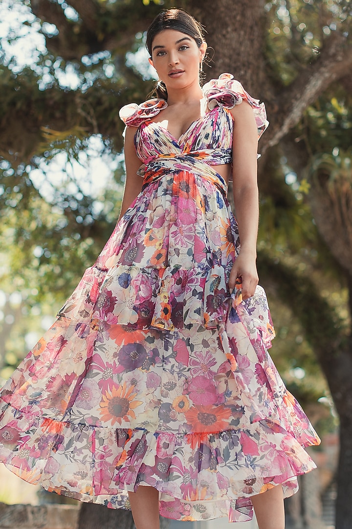 White Chiffon Floral Printed Cut-Out Cocktail Dress by Mac Duggal at Pernia's Pop Up Shop