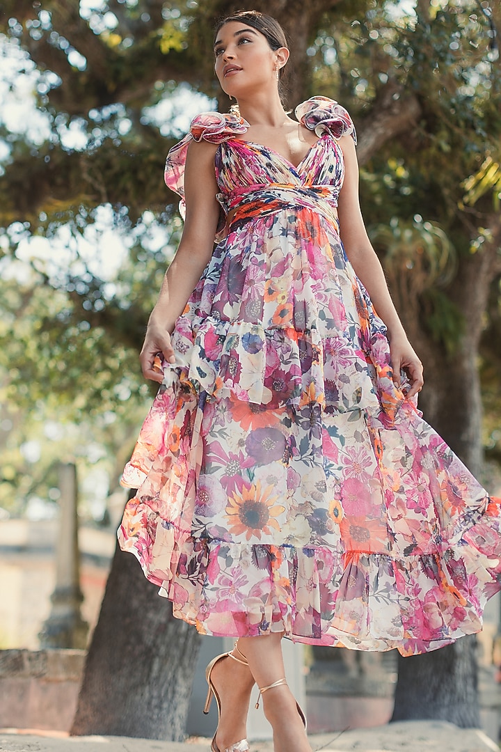 White Chiffon Floral Printed Cut-Out Cocktail Dress by Mac Duggal at Pernia's Pop Up Shop