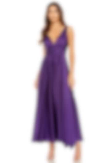 Purple Satin Pleated Midi Cocktail Dress by Mac Duggal at Pernia's Pop Up Shop