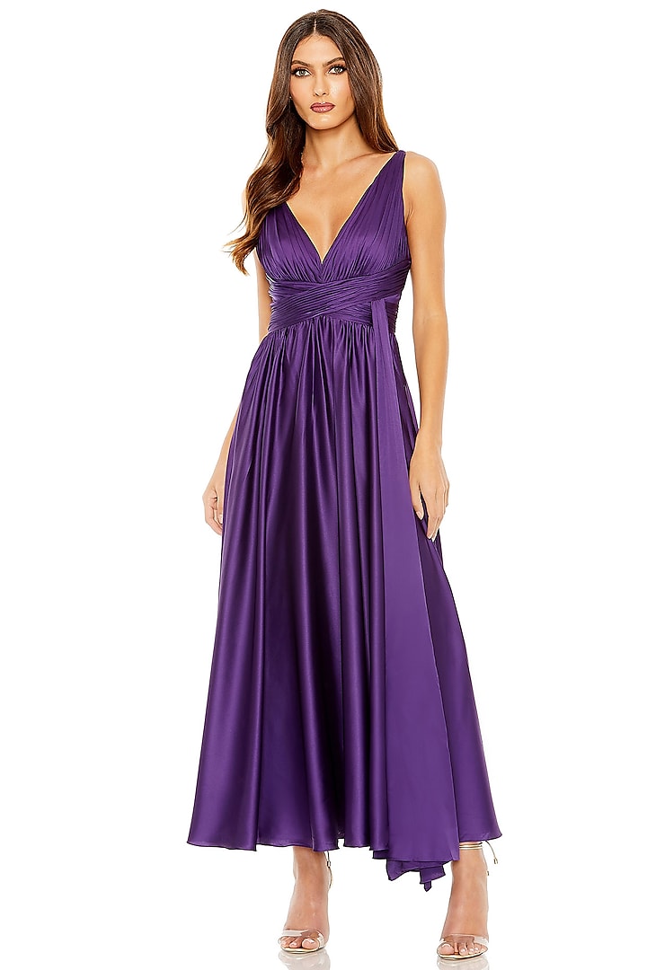 Purple Satin Pleated Midi Cocktail Dress by Mac Duggal at Pernia's Pop Up Shop