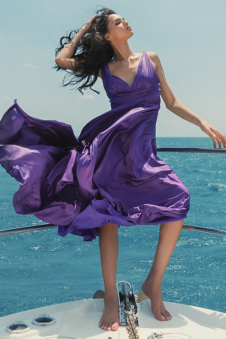 Purple Satin Pleated Midi Cocktail Dress by Mac Duggal at Pernia's Pop Up Shop