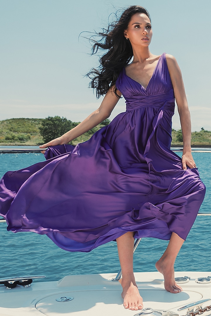 Purple Satin Pleated Midi Cocktail Dress by Mac Duggal at Pernia's Pop Up Shop