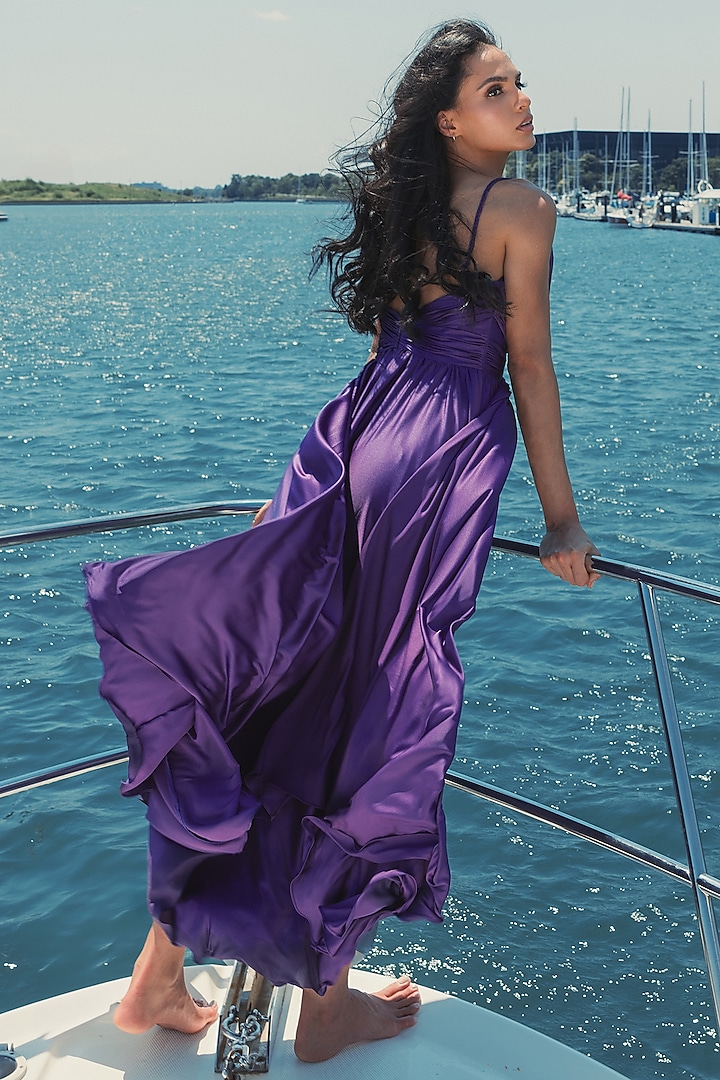 Purple Satin Pleated Midi Cocktail Dress by Mac Duggal at Pernia's Pop Up Shop