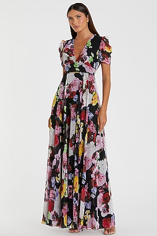Black Mesh Floral Printed Pleated Gown by Mac Duggal