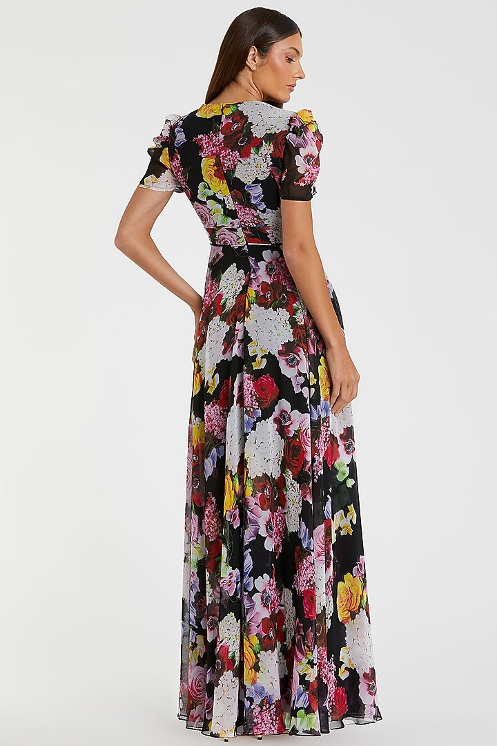 Black Mesh Floral Printed Pleated Engagement Gown by Mac Duggal at Pernia's Pop Up Shop