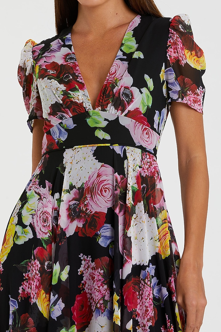 Black Mesh Floral Printed Pleated Engagement Gown by Mac Duggal at Pernia's Pop Up Shop