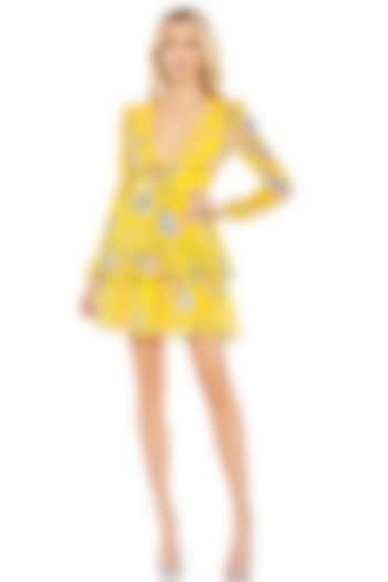 Yellow Mesh Floral Printed Mini Ruffle Cocktail Dress by Mac Duggal at Pernia's Pop Up Shop