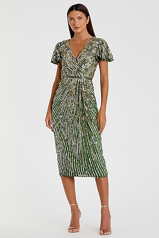 Sage Green Mesh Hand Embellished Midi Wrap Dress by Mac Duggal
