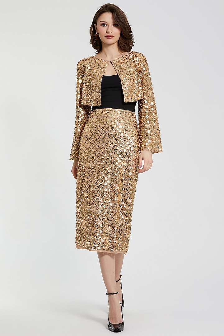 Antique Gold Polyester Sequins Embellished Midi Skirt by Mac Duggal at Pernia's Pop Up Shop