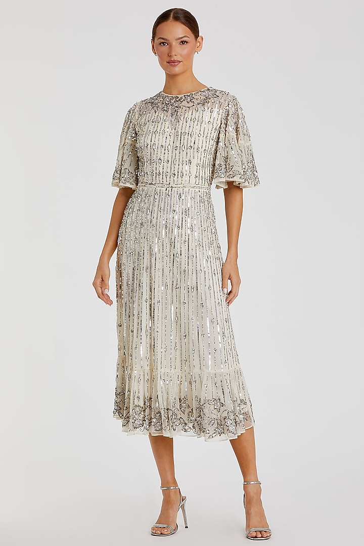 Nude Silver Sequins Midi Party Wear Dress by Mac Duggal at Pernia's Pop Up Shop
