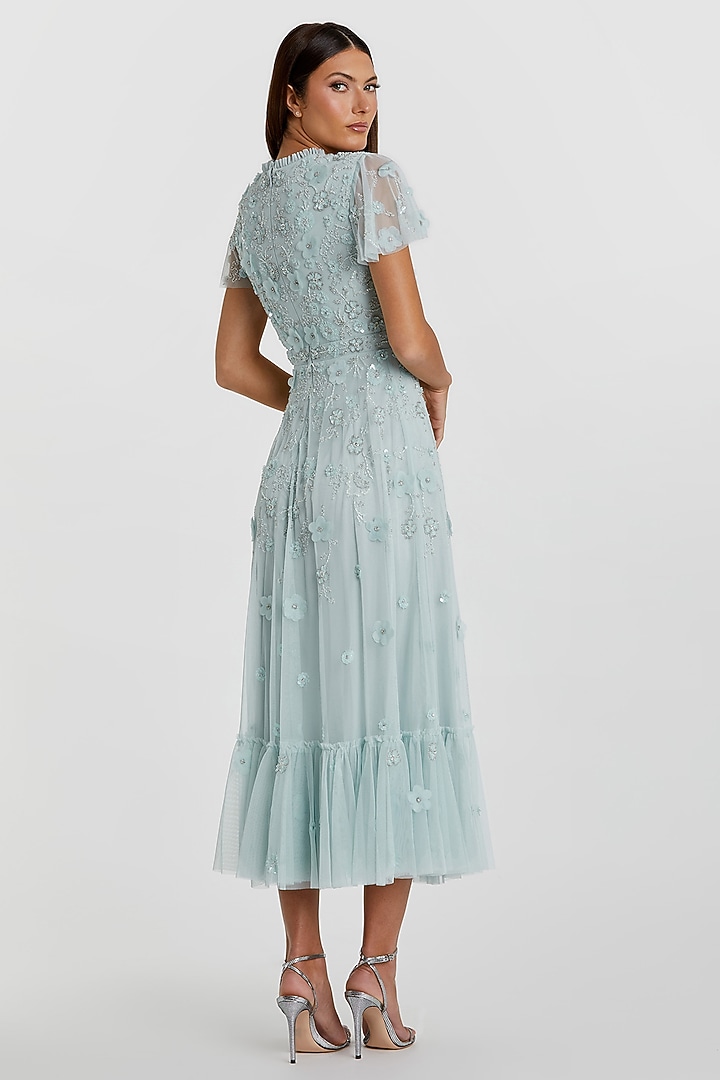 Powder Blue Mesh Sequins Embellishment Midi Party Wear Dress by Mac Duggal at Pernia's Pop Up Shop