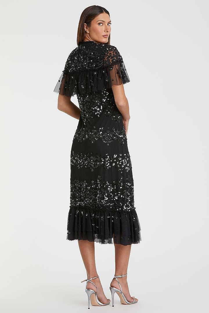 Black Mesh Sequins Embellishment Midi Party Wear Dress by Mac Duggal at Pernia's Pop Up Shop