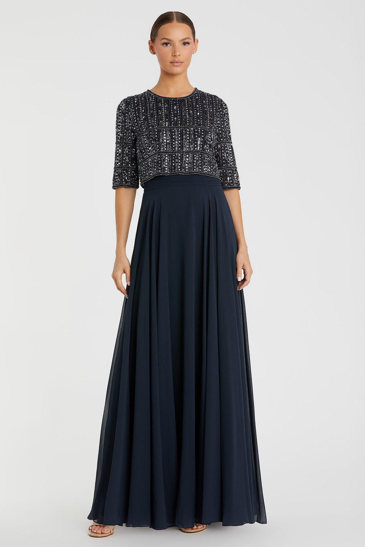 Midnight Blue Chiffon Beaded Gown by Mac Duggal at Pernia's Pop Up Shop 2026