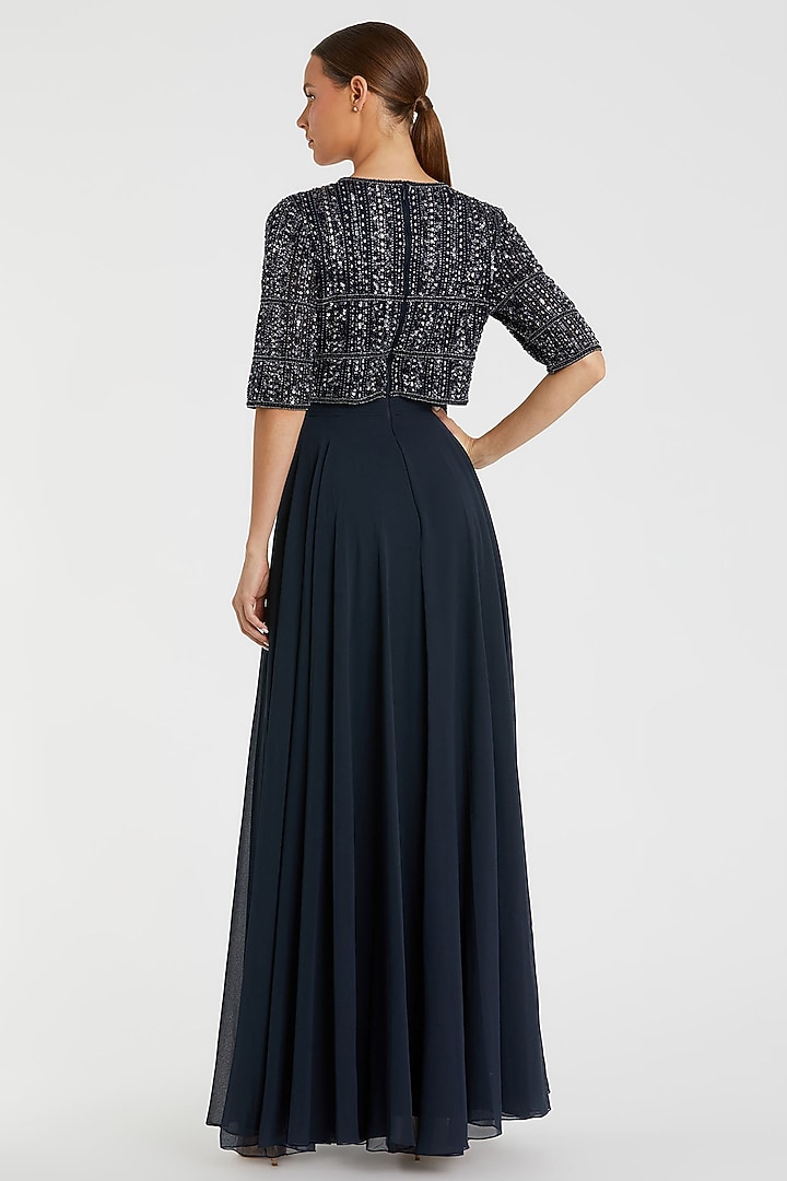 Midnight Blue Chiffon Beaded Engagement Gown by Mac Duggal at Pernia's Pop Up Shop
