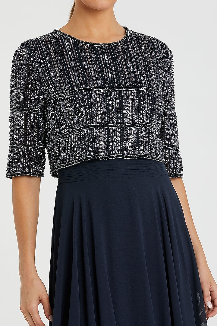 Midnight Blue Chiffon Beaded Engagement Gown by Mac Duggal at Pernia's Pop Up Shop