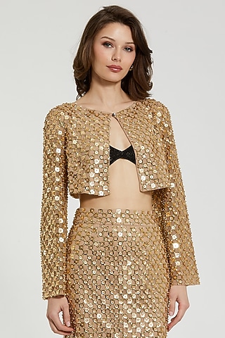Antique Gold Polyester Sequins Embellished Cardigan by Mac Duggal