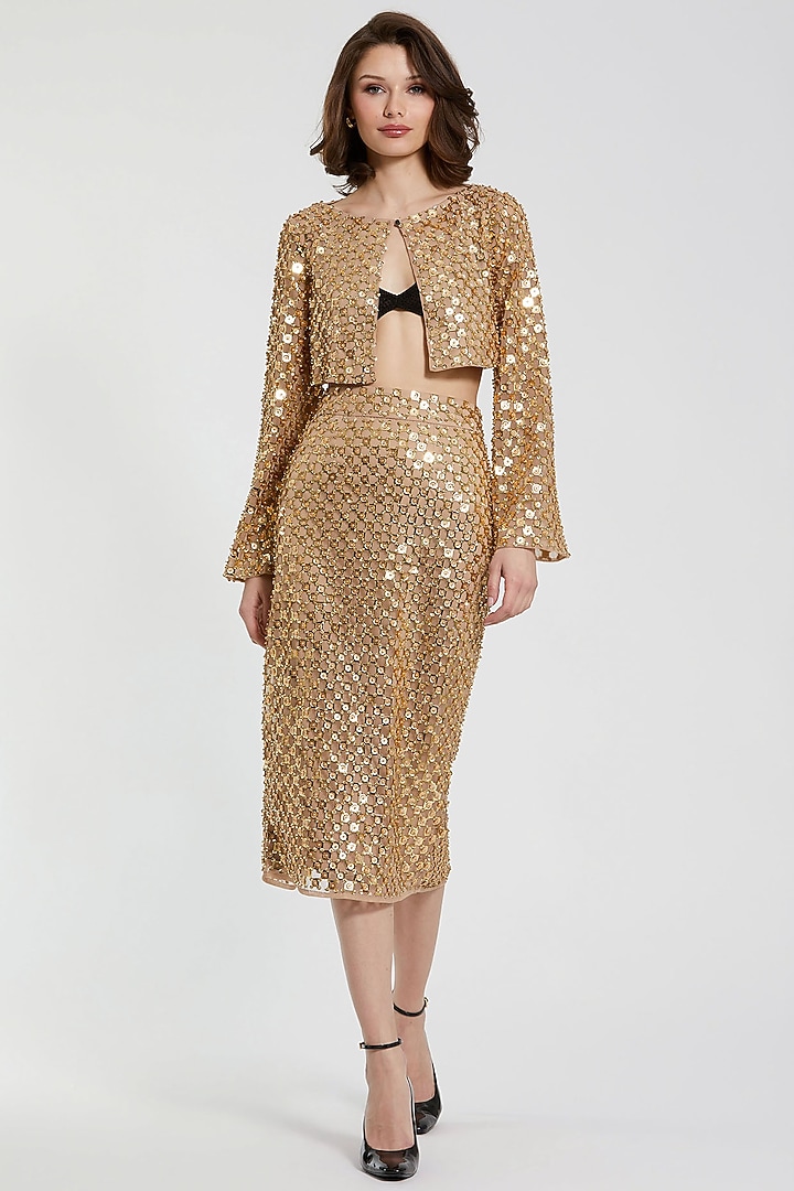 Antique Gold Polyester Sequins Embellished Cardigan by Mac Duggal at Pernia's Pop Up Shop
