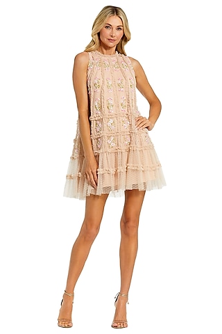 Nude Mesh Mini Ruffled Dress by Mac Duggal