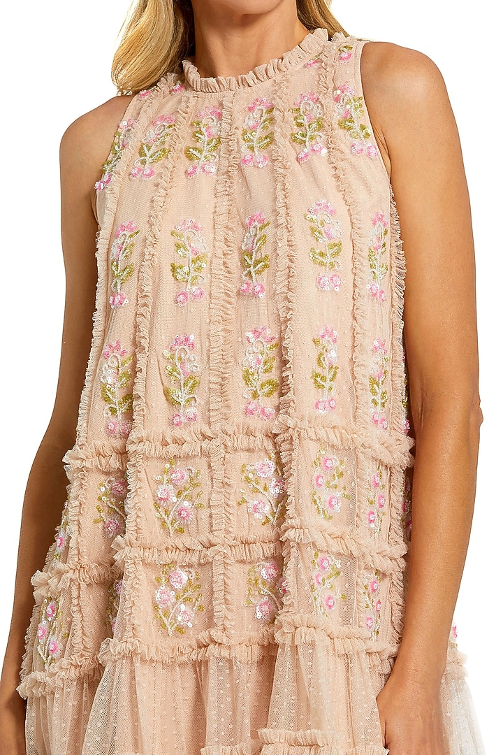 Nude Mesh Mini Ruffled Cocktail Dress by Mac Duggal at Pernia's Pop Up Shop