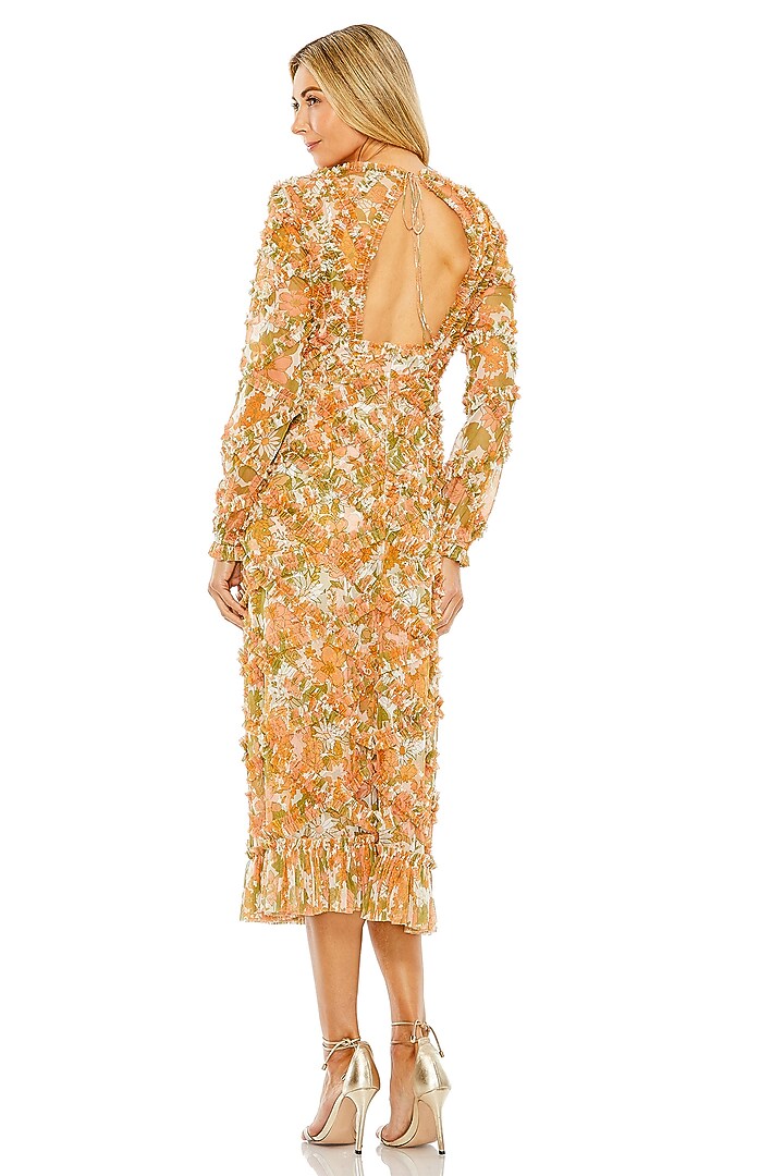 Orange Mesh Micro Ruffled Midi Party Wear Dress by Mac Duggal at Pernia's Pop Up Shop