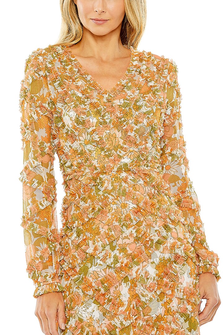 Orange Mesh Micro Ruffled Midi Party Wear Dress by Mac Duggal at Pernia's Pop Up Shop