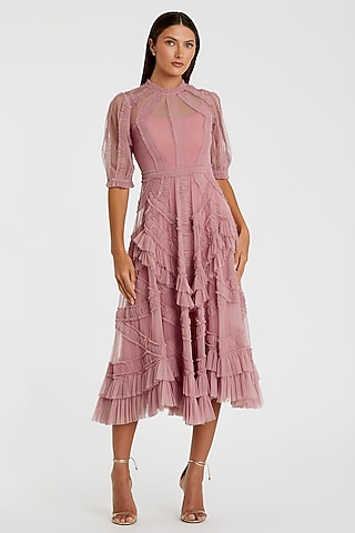 Antique Rose Pink Mesh Micro-Ruffled Midi Dress by Mac Duggal