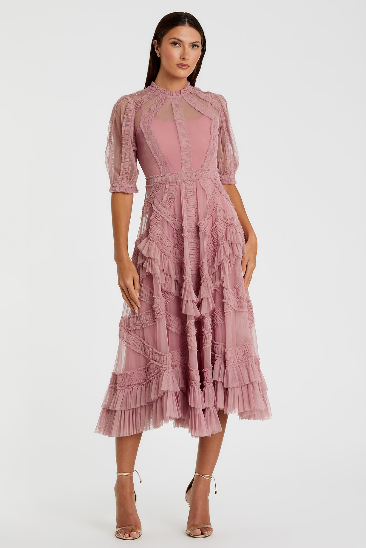 open lace back dress Yellow And Pink Ruffled Mesh Maxi Dress main image 0