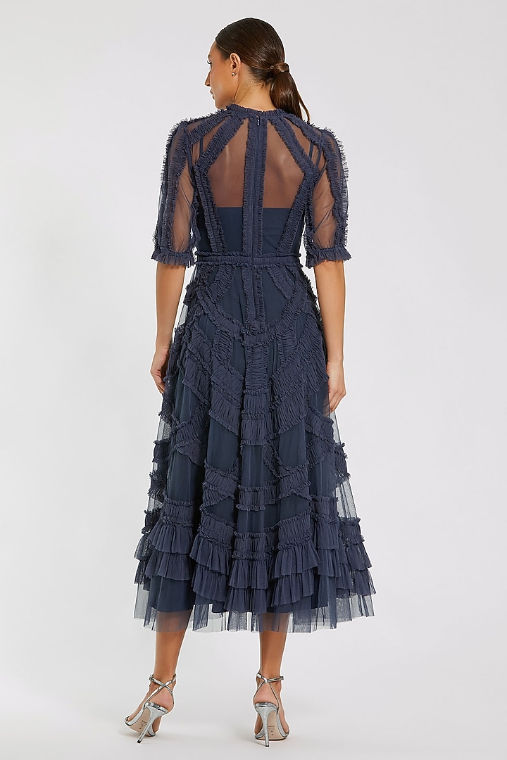 Midnight Blue Mesh Micro-Ruffled Midi Party Wear Dress by Mac Duggal at Pernia's Pop Up Shop