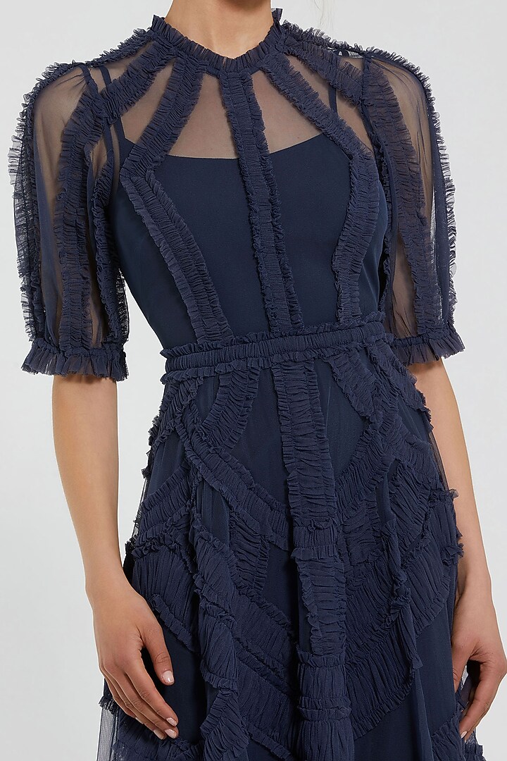 Midnight Blue Mesh Micro-Ruffled Midi Party Wear Dress by Mac Duggal at Pernia's Pop Up Shop