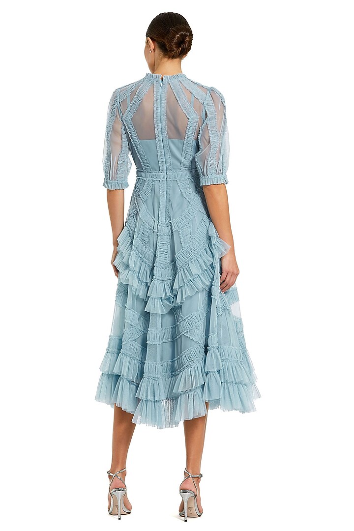 French Blue Mesh Micro-Ruffled Midi Party Wear Dress by Mac Duggal at Pernia's Pop Up Shop