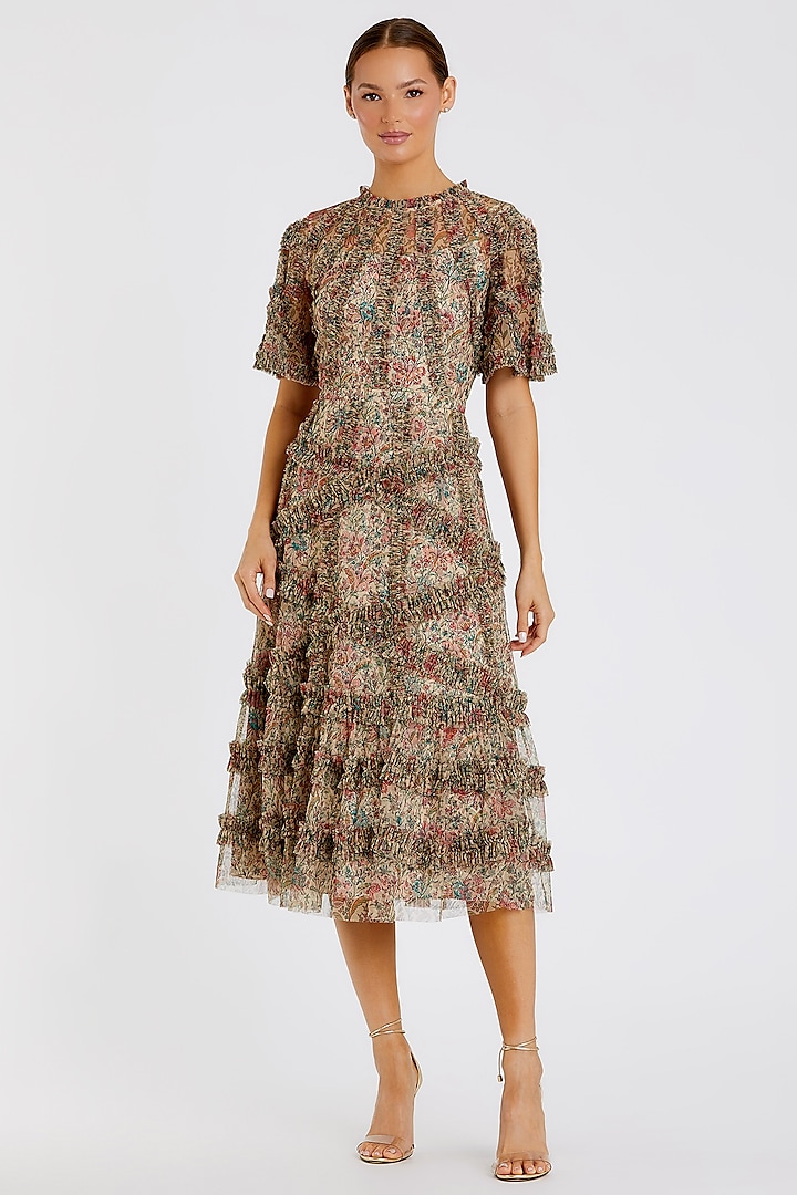 Beige Mesh Floral Printed Midi Party Wear Dress by Mac Duggal at Pernia's Pop Up Shop