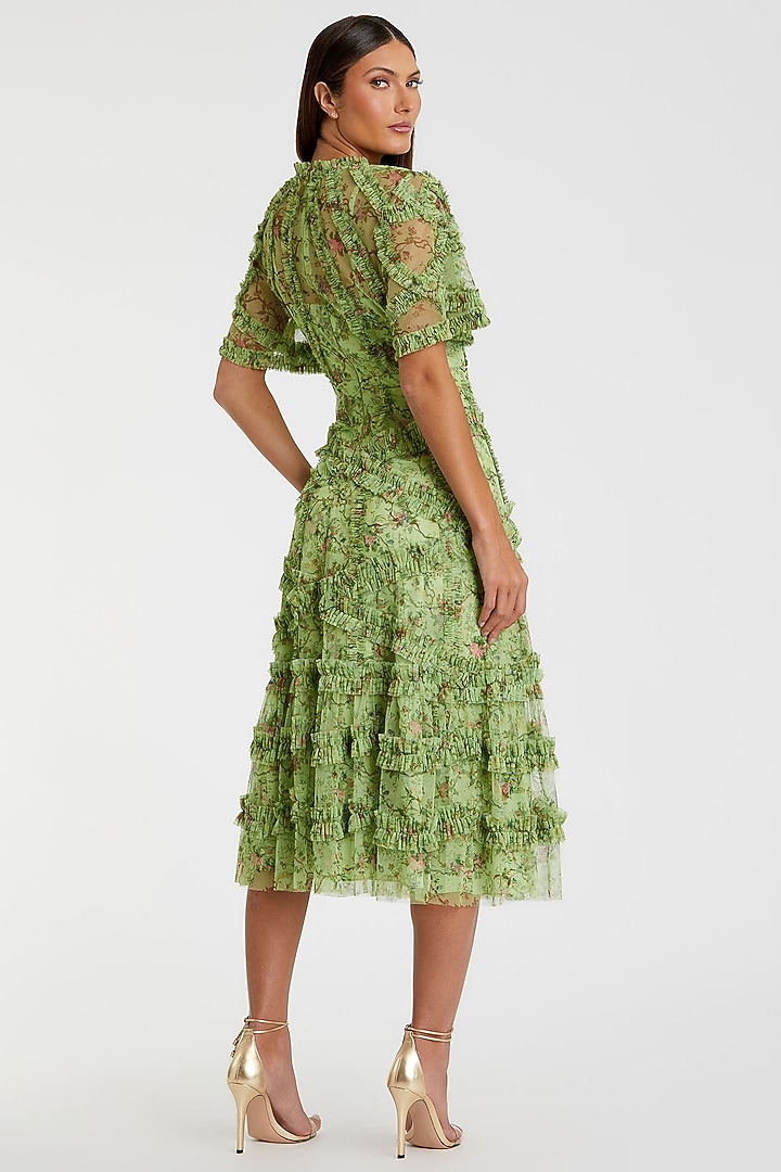 Sage Green Mesh Floral Printed Midi Party Wear Dress by Mac Duggal at Pernia's Pop Up Shop
