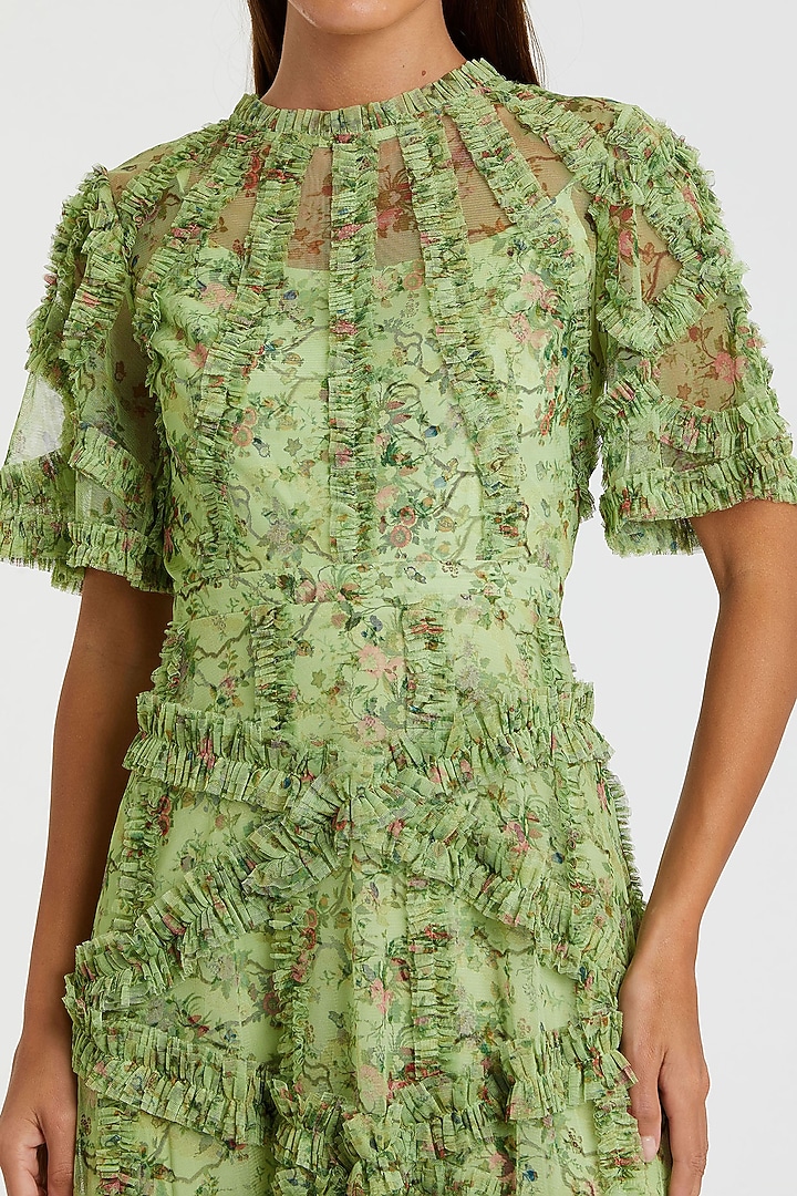 Sage Green Mesh Floral Printed Midi Party Wear Dress by Mac Duggal at Pernia's Pop Up Shop