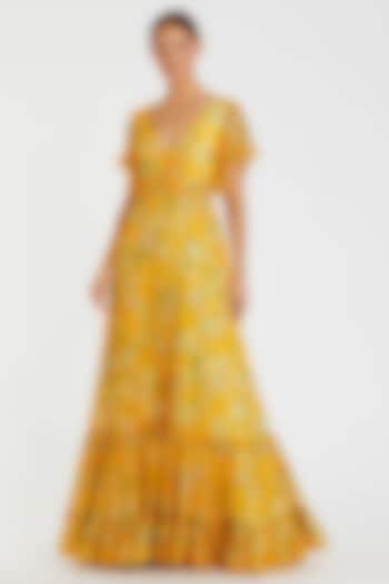 Yellow Chiffon Floral Printed Flowy Maxi Cocktail Dress by Mac Duggal at Pernia's Pop Up Shop