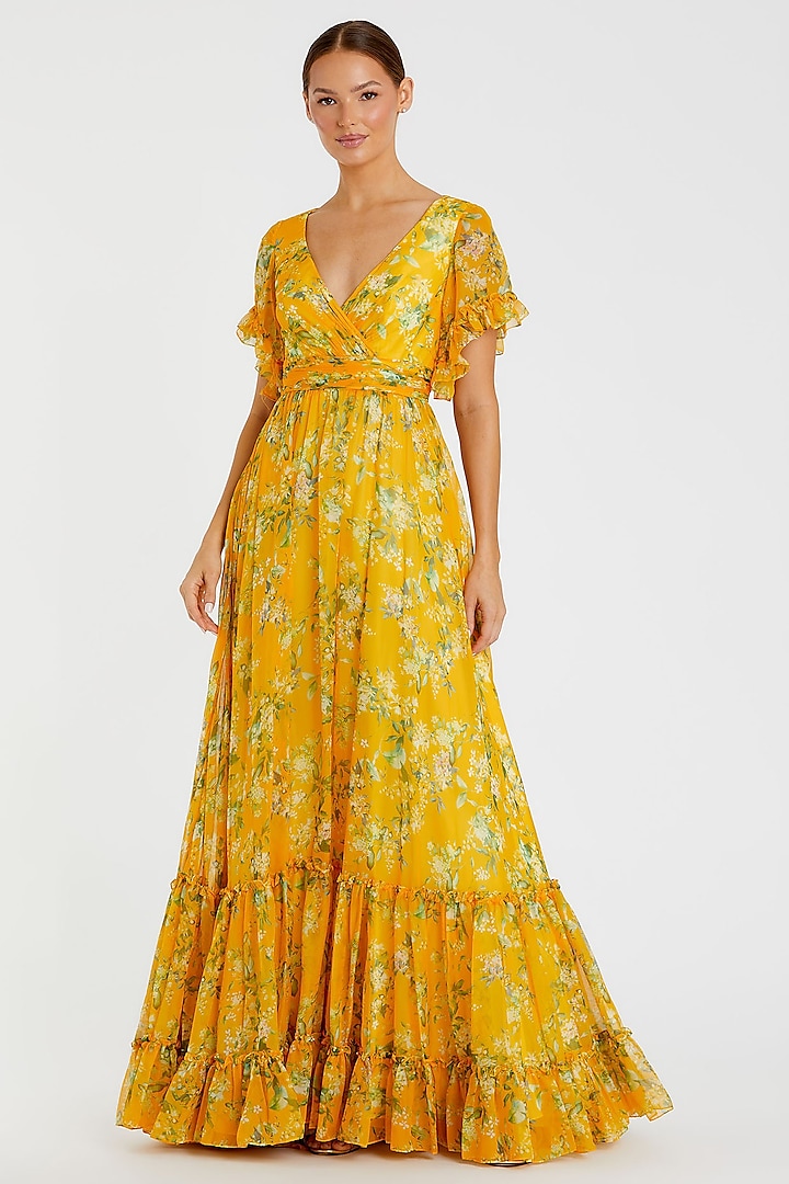 Yellow Chiffon Floral Printed Flowy Maxi Cocktail Dress by Mac Duggal at Pernia's Pop Up Shop