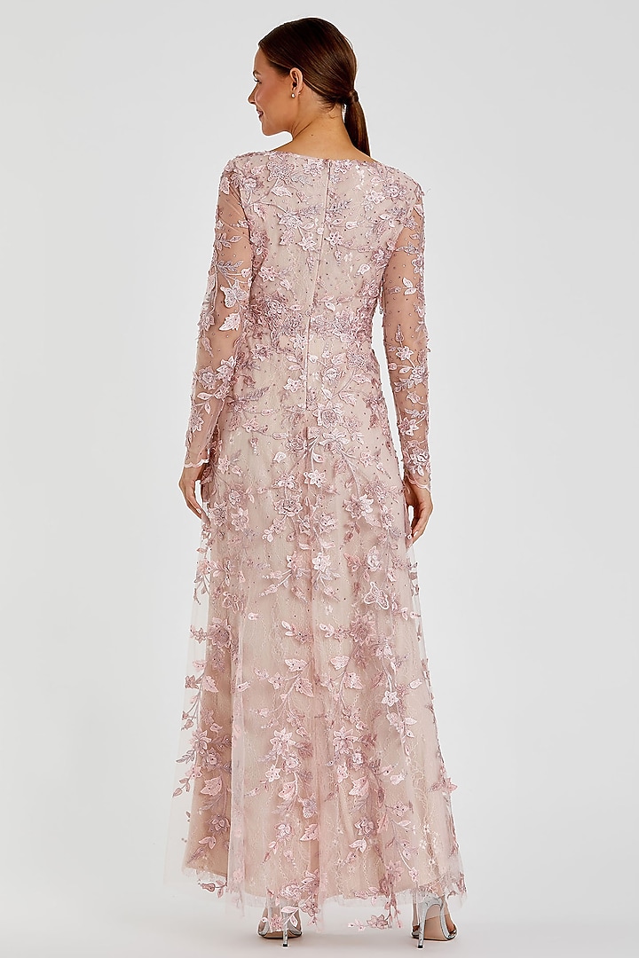 Rose Pink Mesh Floral Applique Embellished Engagement Gown by Mac Duggal at Pernia's Pop Up Shop
