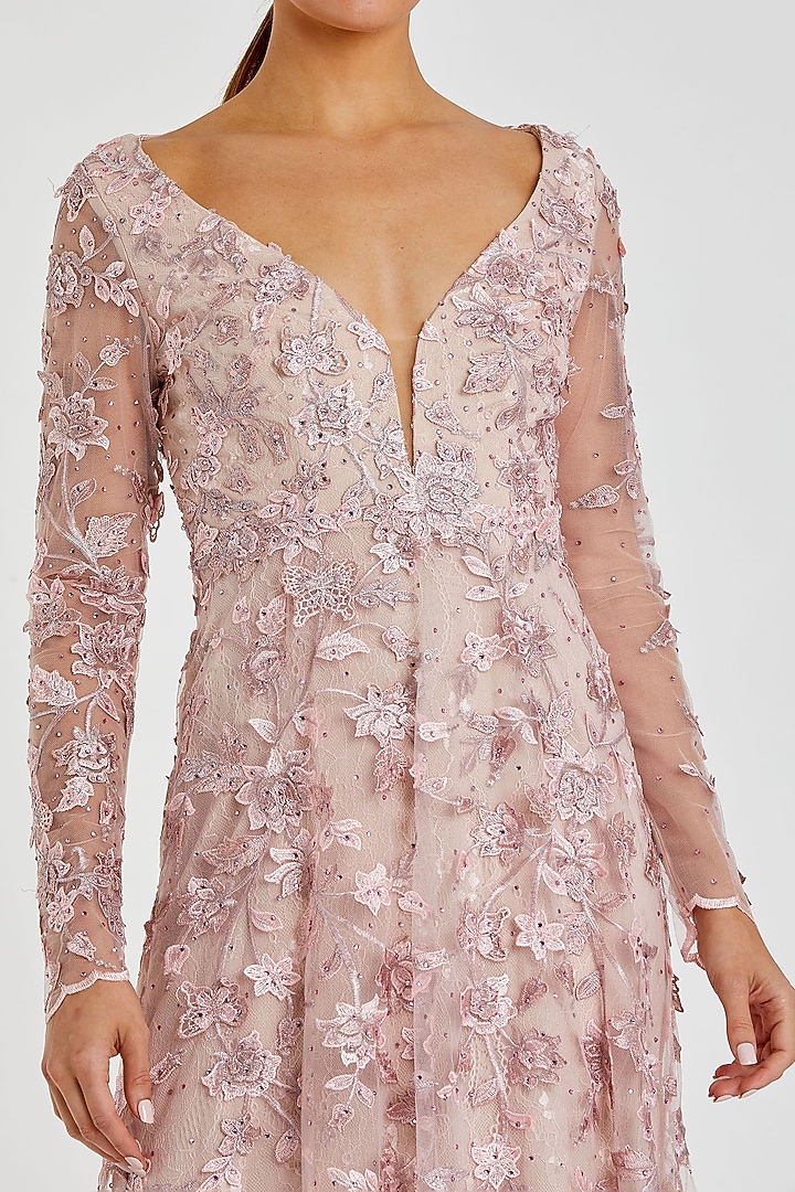 Rose Pink Mesh Floral Applique Embellished Engagement Gown by Mac Duggal at Pernia's Pop Up Shop