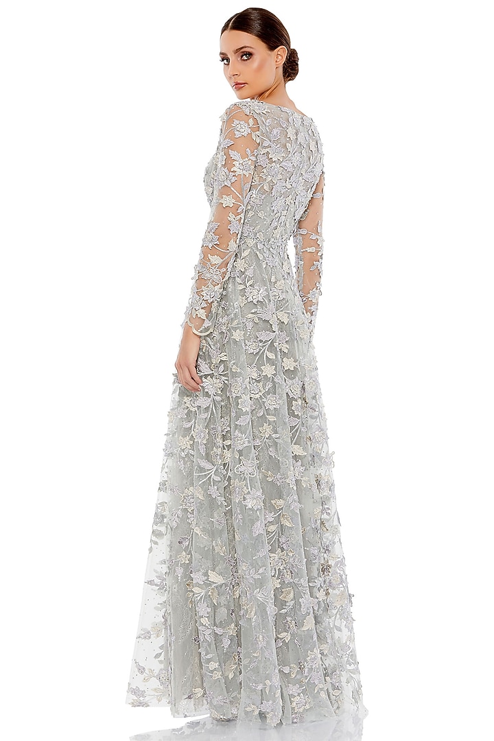 Platinum Grey Mesh Floral Applique Embellished Engagement Gown by Mac Duggal at Pernia's Pop Up Shop