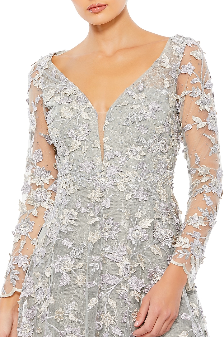 Platinum Grey Mesh Floral Applique Embellished Engagement Gown by Mac Duggal at Pernia's Pop Up Shop