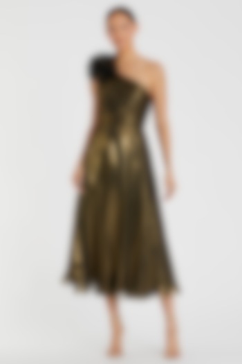 Antique Gold Organza One-Shoulder Midi Cocktail Dress by Mac Duggal at Pernia's Pop Up Shop