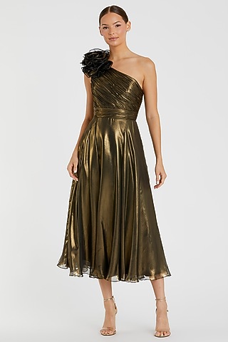 Antique Gold Organza One-Shoulder Midi Dress by Mac Duggal