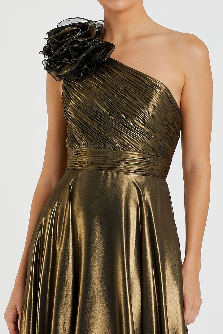 mac duggal gold one shoulder dress Gold Metallic Pleated One Shoulder Gown