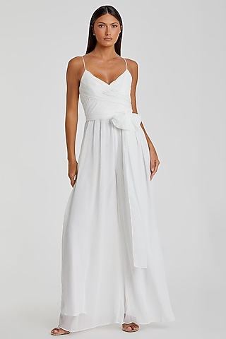 White Chiffon Flowy Jumpsuit by Mac Duggal