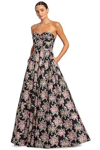Black Brocade Strapless A-Line Gown by Mac Duggal