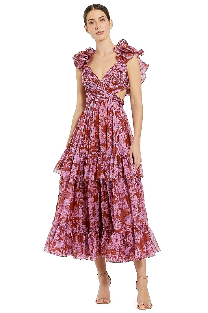 Red Chiffon Floral Printed Midi Cocktail Dress by Mac Duggal at Pernia's Pop Up Shop