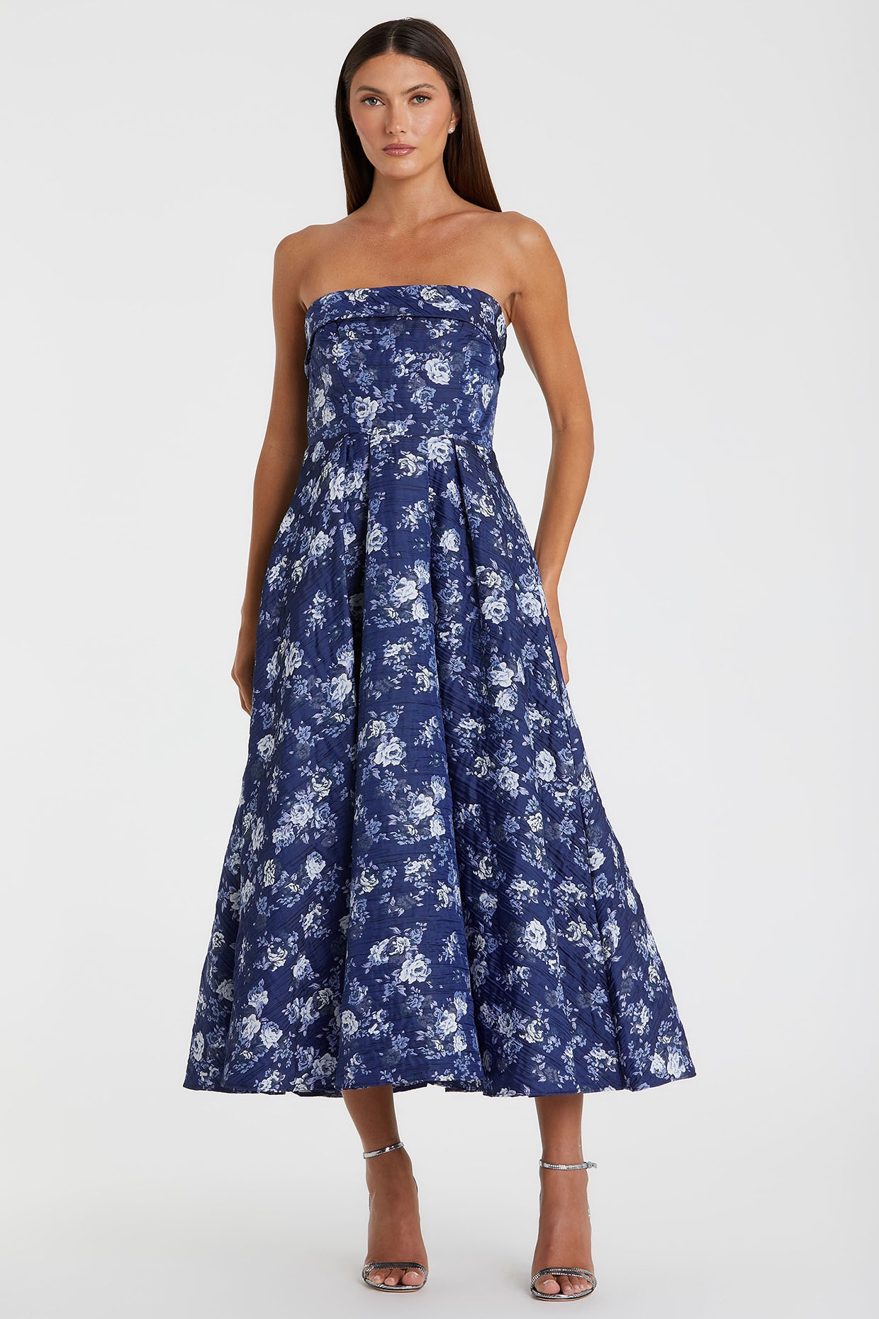 Blue Brocade Floral Printed Midi Strapless Dress by Mac