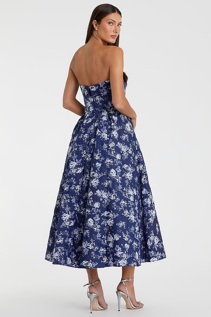 Blue Brocade Floral Printed Midi Strapless Dress by Mac Duggal at Pernia's Pop Up Shop 2026 Blue Brocade Floral Printed Midi Strapless Dress by Mac Duggal at Pernia's Pop Up Shop 2026