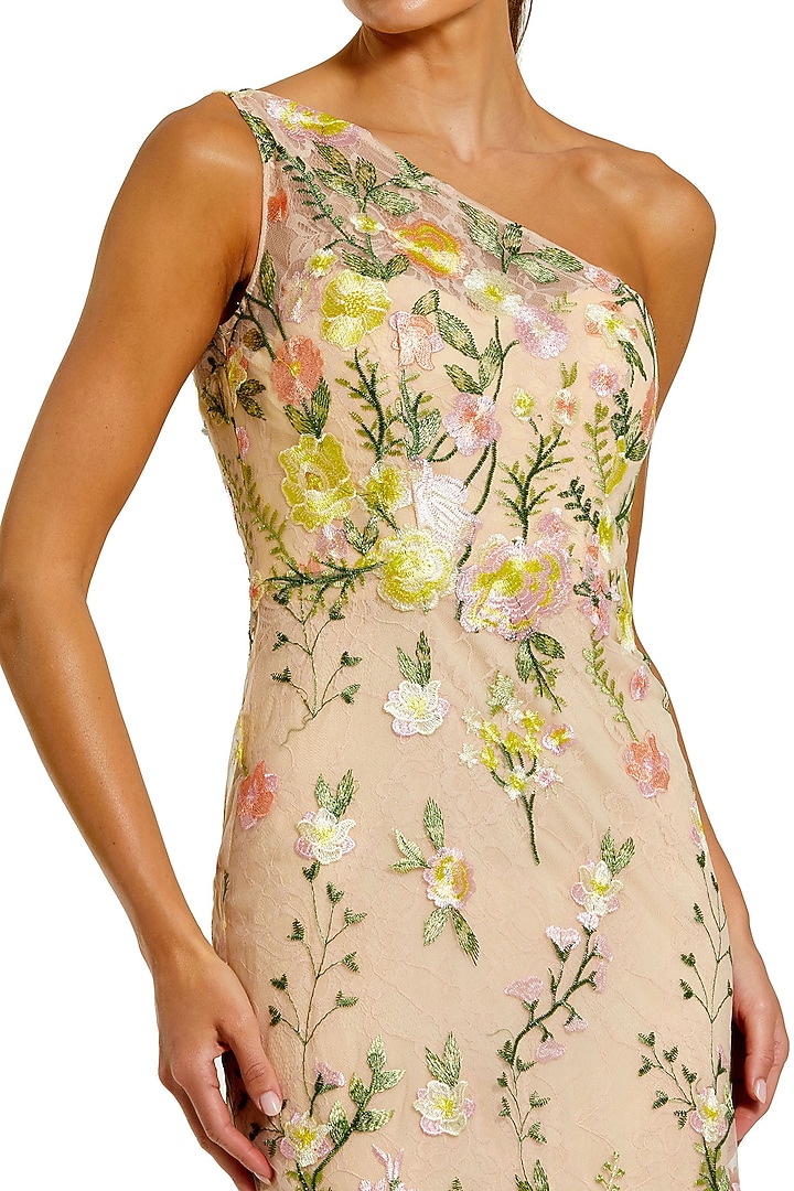 Yellow Lace Floral Embroidered One-Shoulder Engagement Gown by Mac Duggal at Pernia's Pop Up Shop