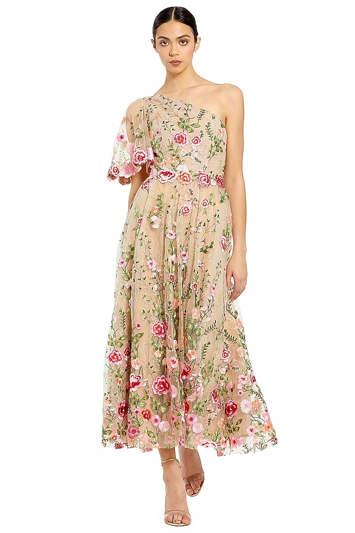 Pink Mesh Floral Embroidered One-Shoulder Midi Party Wear Dress by Mac Duggal at Pernia's Pop Up Shop